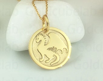 Real 14k Solid Gold Dragon Necklace, Personalized Dragon Pendant, Dainty Dragon Jewelry, Dragon Symbol, Coin Pendant, Medallion Necklace