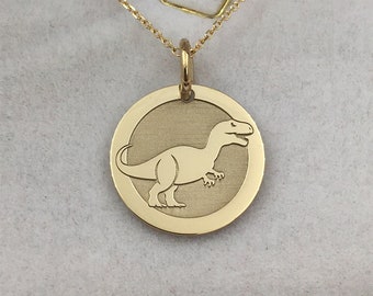 Real 14k Solid Gold Dinosaur Necklace, T-REX Dinosaur Jewelry, Personalized Dino Pendant, Gold Tyrannosaurus Charm Disc, Animal Lovers Gift