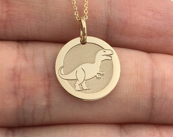 Real 14k Solid Gold Dinosaur Necklace, Personalized Dino Pendant, T-REX Dinosaur Jewelry, Tyrannosaurus Pendant Disc, Dinosaur Charm Gift
