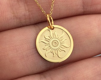 Real 14k Solid Gold Sunburst Necklace, Personalized Sunburst Pendant, Sun Disc Necklace, Layered Sun Pendant, Sunshine Jewelry, Dainty Sun