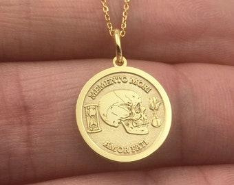 14K Real Solid Gold Memento Mori Necklace, Stoicism Gold Disc Pendant, Dainty Amor Fati Necklace, Stoic Coin Skull Necklace, Amor Fati Charm