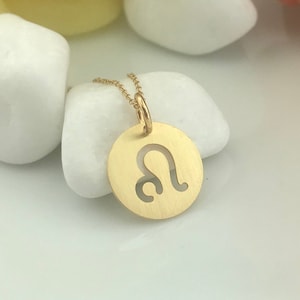 Real 14k Solid Gold Leo Zodiac Necklace, Personalized Brushed Finish Pendant, Gold Leo Zodiac Pendant, Delicate Leo Zodiac Charm
