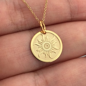 Real 14k Solid Gold Sunburst Necklace, Personalized Sunburst Pendant, Sun Disc Necklace, Layered Sun Pendant, Sunshine Jewelry, Dainty Sun