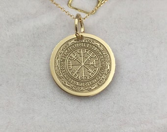 14k Solid Gold Viking Compass Necklace, Personalized Viking Compass Pendant, 14k Real Gold Viking Compass Gift, Mom Gift, Vegvisir Pendant