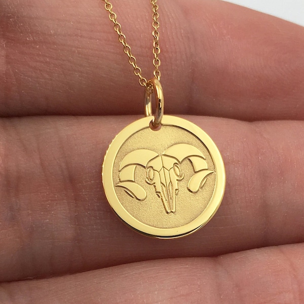 Real 14k Solid Gold Ram Skull Necklace, Personalized Ram Skull Pendant, Dainty Ram Skull Disc, Bighorn Sheep Jewelry, Aries Sign Necklace