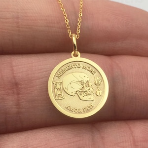 14K Real Solid Gold Memento Mori Necklace, Stoicism Gold Disc Pendant, Dainty Amor Fati Necklace, Stoic Coin Skull Necklace, Amor Fati Charm