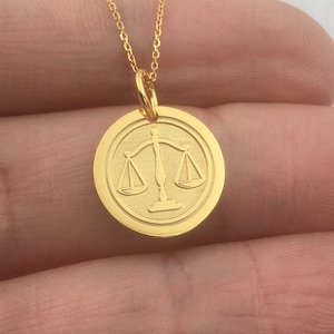 Real 14k Solid Gold Scale of Justice Necklace, Personalized Scale of Justice Pendant, Lawyer Necklace Charm, Dainty Libra Scales Disc