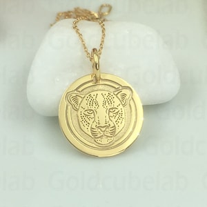 Real 14k Solid Gold Leopard Necklace, Personalized Leopard Pendant, Panther Coin Jewelry, Dainty Animal Lover Gift, Gold Jaguar Disc Pendant