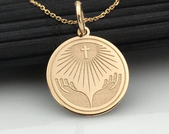 14k Solid Gold Praying Hands Necklace, Personalized Praying Hands Pendant, Praying Hands Charm Jewelry Gift, Dainty Gold Praying Hands