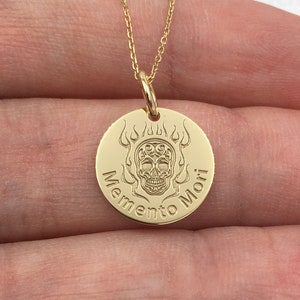 14K Real Solid Gold Memento Mori Necklace, Gold Philosophy Necklace, Stoicism Gold Disc Pendant, Dainty Amor Fati Jewelry, Gold Coin Skull