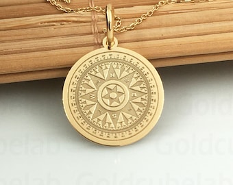 Real 14K Solid Gold Compass Necklace, Personalized Compass Pendant, Engraved Compass Charm, Gold Disc Compass Necklace, Dainty Gold Pendant