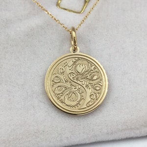 Real 14k Solid Gold Yin Yang Dragon Necklace, Personalized Ancient Chinese Jewelry, Mythology Necklace, Red Dragon, Power Symbol Charm Disc