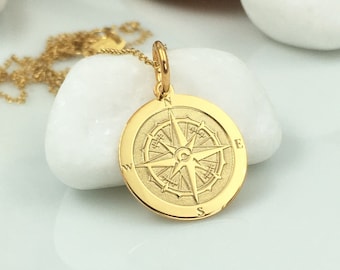 Real 14k Solid Gold Compass Necklace, Navigation Compass Layering Gold Pendant, Personalized Compass Charm Gift, Dainty Gold Compass Jewelry