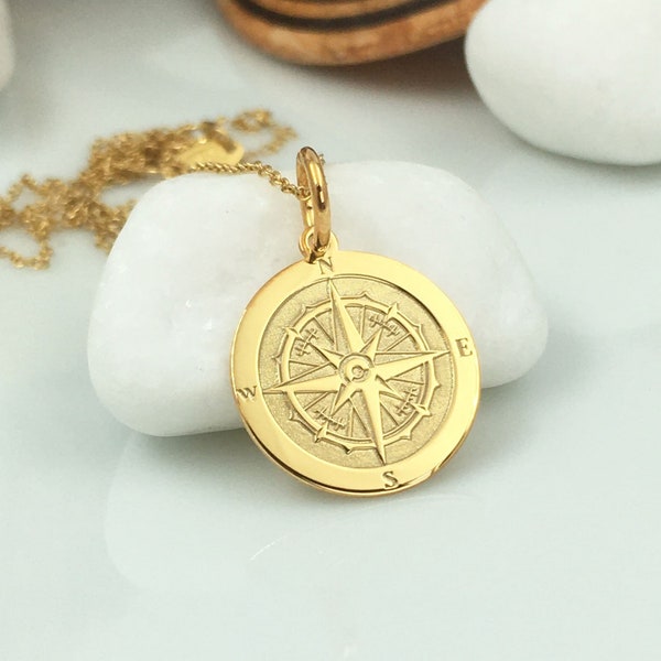 Real 14k Solid Gold Compass Necklace, Navigation Compass Layering Gold Pendant, Personalized Compass Charm Gift, Dainty Gold Compass Jewelry