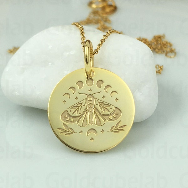 Real 14k Solid Gold Moth Necklace, Personalized Moth Pendant, Dainty Moon Moth Disc, Charm Butterfly Jewelry, Luna Moth Coin, Animal Pendant