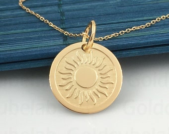 Véritable collier de soleil en or massif 14k, bijoux de disque de soleil Dainty, pendentif Sunburst en or, charme de soleil personnalisé, collier de soleil en couches pour les femmes