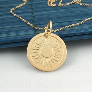 Real 14k Solid Gold Sun Necklace, Dainty Sun Disc Jewelry, Gold Sunburst Pendant, Personalized Sun Charm, Layered Sun Necklace For Women