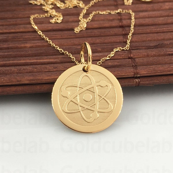 Real 14k Solid Gold Atom Necklace, Personalized Atom Pendant, Physics Necklace, Science Gift Pendant, Chemistry Necklace, School Pendant