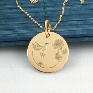 Real 14k Solid Gold Hummingbird Necklace, Personalized Gold Hummingbird Pendant, Delicate Hummingbird Charm, Bird With Flowers Jewelry