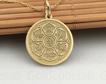 14k Solid Gold Om Mani Padme Hum Necklace, Customized Om Mani Pendant, Sanskrit Mantra Buddhist Charm Jewelry, Six Syllable Mantra Necklace