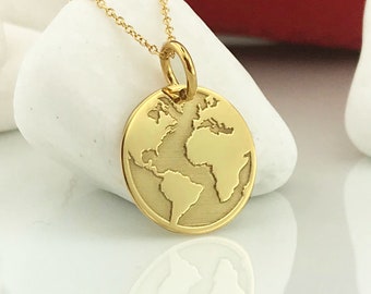 Real 14k Solid Gold Earth Necklace, Dainty World Map Necklace, Gold Coin Globe Necklace, Gold Disc WanderLust Necklace, Charm Gold Earth