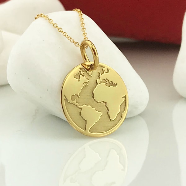 Echte 14k Solid Gold Earth ketting, sierlijke wereldkaart ketting, gouden munt Globe ketting, gouden schijf WanderLust ketting, charme gouden aarde