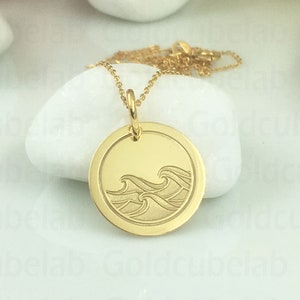 Echte 14k massief gouden golfketting, gepersonaliseerde golfhanger, oceaangolvenhanger, sierlijke schijfgolven, surfersieraden, ketting zeeliefhebber