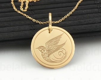 Real 14k Solid Gold Swallow Necklace, Personalized Swallow Bird Pendant, Nature Charm Jewelry, Gold Bird Coin Necklace, Animal Gift Pendant