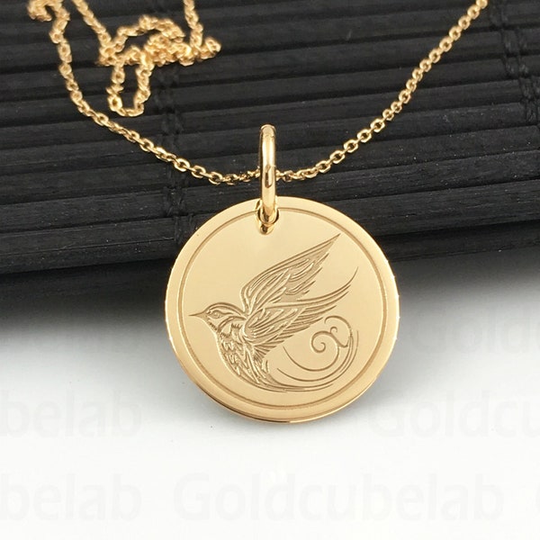 Véritable collier d'hirondelle en or massif 14k, pendentif d'oiseau d'hirondelle personnalisé, bijoux de charme de la nature, collier de pièce d'oiseau d'or, pendentif cadeau animal
