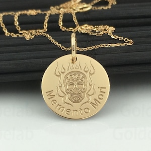 14K Real Solid Gold Memento Mori Necklace, Stoicism Gold Disc Pendant, Dainty Amor Fati Necklace, Gold Coin Skull Jewelry, Stoicism Charm