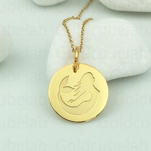 Real 14k Solid Gold Mermaid Necklace, Personalized Mermaid Pendant, Charm Mermaid Jewelry, Gold Mermaid Sea Princess, Dainty Mermaid Disc