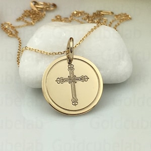 Real 14k Solid Gold Cross Necklace, Personalized Cross, Protection Necklace, Greek Orthodox Jewelry, Religious Cross, ICXC NIKA Coin Pendant