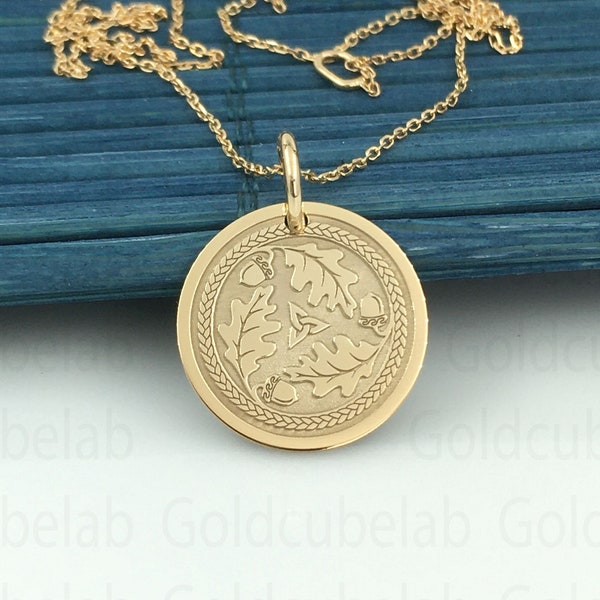 Echte 14k Solid Gold Eichenbaum Anhänger, personalisierte Eichenbaum Halskette, geschichtete Eichel Halskette auf Zweig, Eichel und Eichenblatt Charm Schmuck