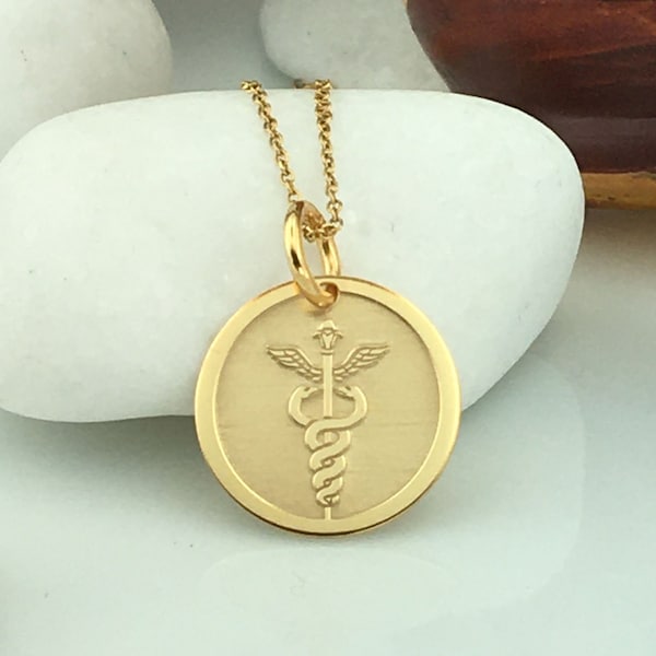 Real 14k Solid Gold Caduceus Necklace, Personalized Caduceus  Pendant, Caduceus Symbol of Medicine, Medical ID Pendant, Gold Medical Symbol