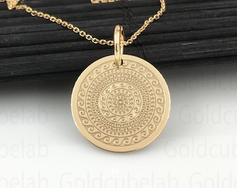 Real 14k Solid Gold Mandala Round Pendant, Personalized Mandala Round Necklace, Ancient Round Mandala Waves, Charm Mandala Women Jewelry