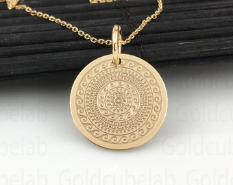 Pendentif rond mandala en or massif 14 carats, collier rond mandala personnalisé, vagues mandala rondes anciennes, breloque mandala bijoux pour femmes