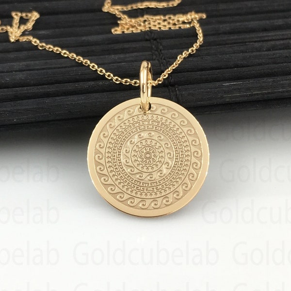 Real 14k Solid Gold Mandala Round Pendant, Personalized Mandala Round Necklace, Ancient Round Mandala Waves, Charm Mandala Women Jewelry