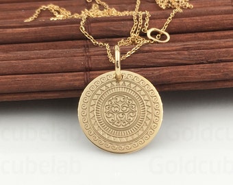 Real 14k Solid Gold Mandala Pendant, Personalized Mandala Necklace, Polynesian Mandala Jewelry, Charm Mandala Symbol, Dainty Mandala Pendant