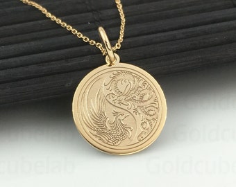 Real 14k Solid Gold Yin Yang Dragon Phoenix Necklace, Personalized Ancient Chinese Jewelry, Mythology Necklace, Red Dragon & Phoenix Balance