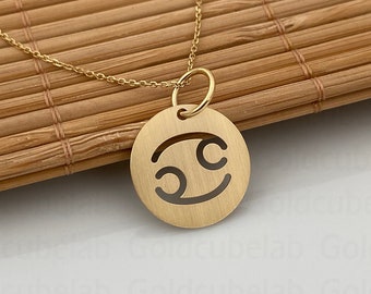 Real 14k Solid Gold Cancer Zodiac Necklace, Personalized Brushed Finish Pendant, Gold Cancer Zodiac Pendant, Dainty Cancer Zodiac Charm