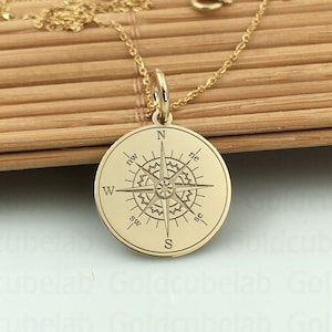 14k Solid Gold Compass Necklace, Personalized Nautical Pendant, Dainty Compass Charm, Graduation Gift, Layered Compass, Coordinates Custom