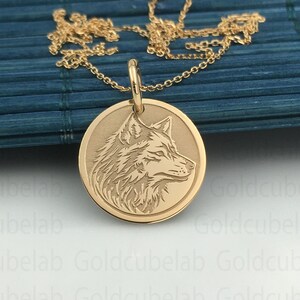 Real 14k Solid Gold Wolf Necklace, Personalized Wolf Pendant, Charm Wolf Jewelry, Wild Animal Necklace, Dainty Wolf Disc, Wolf Lover Gift