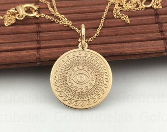 Real 14k Solid Gold Mandala Eye Pendant, Personalized Eye Necklace, Ancient Mandala Eye, Spiritual Charm Jewelry, Balance, Harmony Necklace