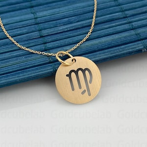 Real 14k Solid Gold Virgo Zodiac Necklace, Personalized Brushed Finish Pendant, Gold Virgo Zodiac Jewelry, Dainty Gold Virgo Zodiac Necklace