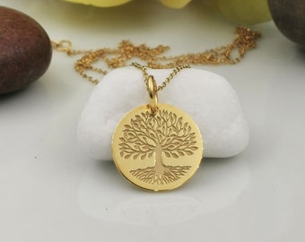 Real 14k Solid Gold Tree of Life Necklace, Personalized Tree of Life Pendant, Delicate Tree of Life Charm, Dainty Family Tree of Life Disc