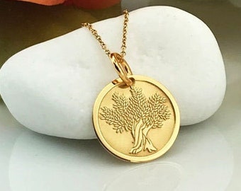 Real 14k Solid Gold Olive Tree Necklace, Greek Olive Tree Pendant, Personalized Olive Tree Jewelry, Delicate Olive Tree Charm, Perfect Gift