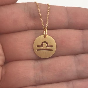 Real 14k Solid Gold Libra Zodiac Necklace, Personalized Brushed Finish Pendant, Gold Libra Zodiac Pendant, Delicate Libra Zodiac Charm