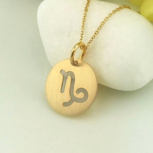 Real 14k Solid Gold Capricorn Zodiac Necklace, Personalized Brushed Finish Pendant, Gold Zodiac Pendant, Delicate Capricorn Zodiac Charm