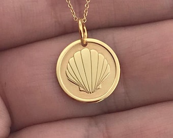 14k Solid Gold Seashell Necklace , Personalized Seashell Pendant , Dainty Shell Charm Pendant , Sea Shell Layered Necklace , Birthday Gift