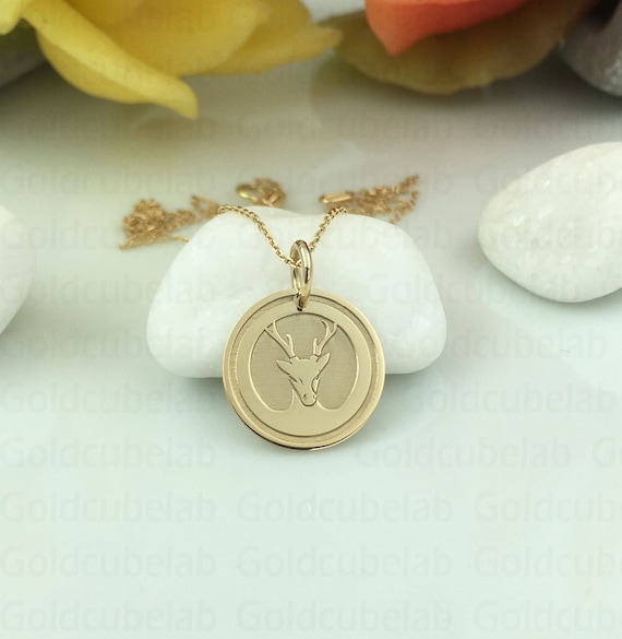 Real 14k Solid Gold Deer Head Necklace, Personalized Deer Real 14k Solid Gold Deer Head Necklace, Personalized Deer